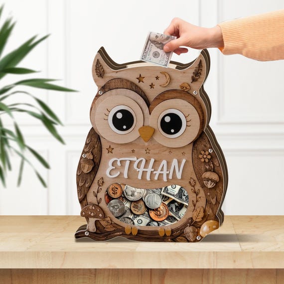 Personalized Owl Piggy Bank, Custom Woodland Coin Bank, Kids Savings Bank, Nursery Decor Gift, Baby Shower Gift for Boys