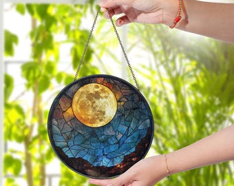 Full Moon Glass Suncatcher, Stained Glass Moon Window Hanging, Celestial Sun Catcher, Boho Home Decor Gift