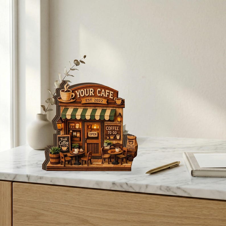 May include: A wooden model of a cafe, featuring the text "YOUR CAFE EST. 2022". The cafe has a green and white striped awning, small tables, chairs, and a sign that says "Fresh Coffee". There are also small decorative plants.
