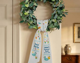 Summer Pool Party Door Wreath Sash, Personalized Wreath Bow Ribbon, Front Door Decor, Beach House Welcome Decoration