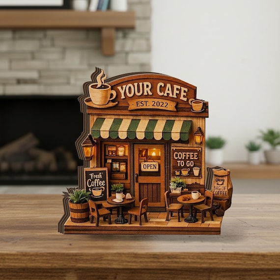 Personalized Wooden Cafe Block, Custom Coffee Shop Decor with Name, Barista Gift, Mini Coffee House Keepsake, Rustic Coffee Lover Gift