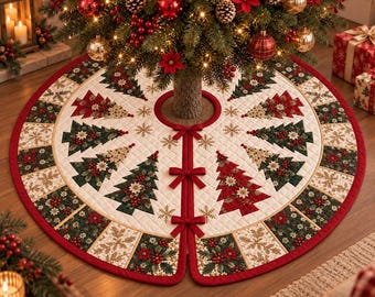 Puede incluir: Una falda de árbol de Navidad acolchada y redonda con base color crema, paneles alternos de árboles de tela en verde oscuro y rojo, bordados de copos de nieve dorados y detalles de flores de pascua rojas, con tres lazos rojos al frente.