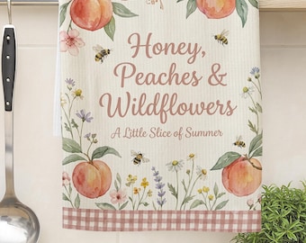 Peach Kitchen Towel, Honey Peaches Wildflowers Tea Towel, Cottagecore Summer Kitchen Decor, Farmhouse Fruit Towel