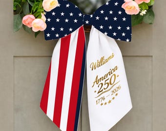Lazo personalizado para corona conmemorativa del 250 aniversario de Estados Unidos, lazo patriótico para puerta, decoración del 4 de julio, Día de la Independencia 1776-2026, nombre familiar personalizado