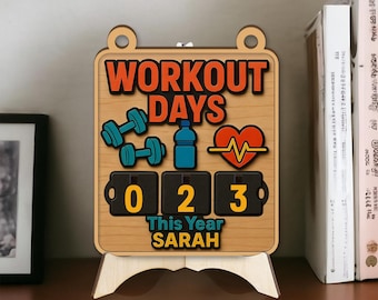Workout Days Tracker Wooden Sign, Gym Workout Counter Flip Number Plaque, Fitness Tracker This Year, Personalized Gym Decor