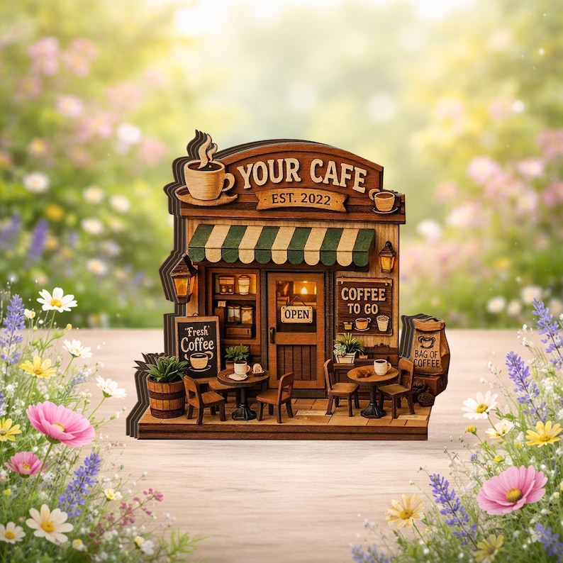 May include: A wooden model of a cafe with the text "YOUR CAFE EST. 2022". The cafe features a green and white striped awning, a sign that says "Fresh Coffee", and a sign that says "Coffee To Go". Small tables and chairs are placed in front of the cafe.