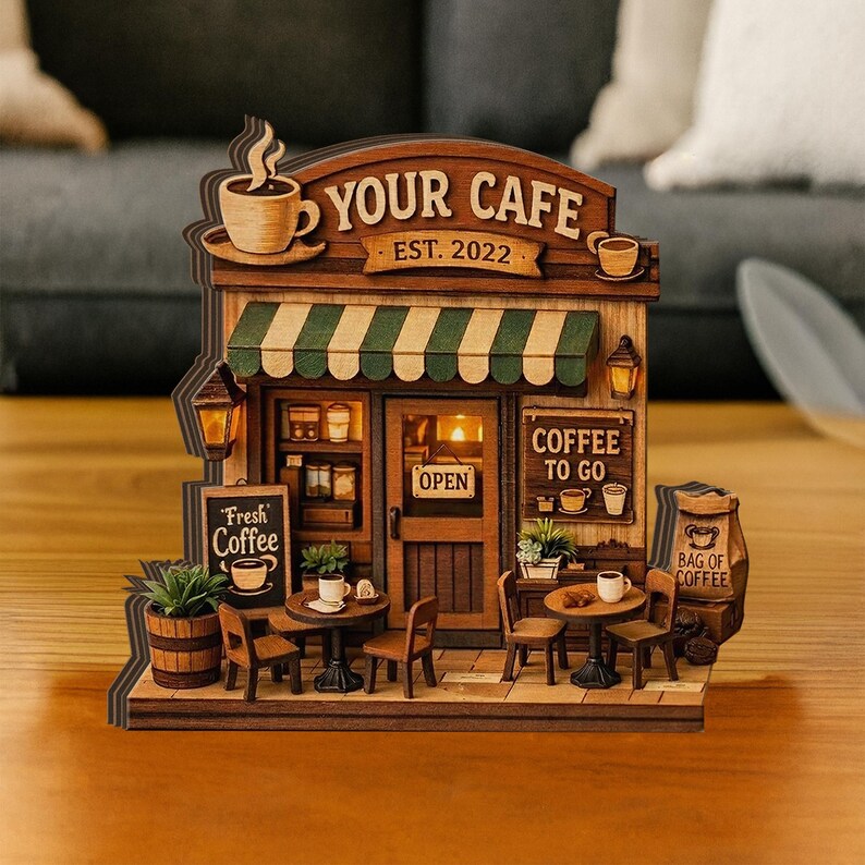May include: A detailed wooden model of a cafe, featuring the text "YOUR CAFE EST. 2022". It has a green and white striped awning, small tables, chairs, and a sign that reads "COFFEE TO GO". A small sign reads "Fresh Coffee".