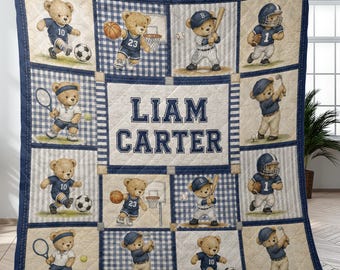 Coperta personalizzata con orsetto sportivo, trapunta patchwork con nome personalizzato, coperta sportiva per cameretta da bambino, regalo per baby shower per bambini