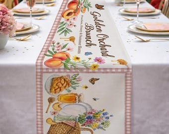 Peach Picnic Table Runner, Honey Peaches Wildflowers Summer Runner, Cottagecore Farmhouse Dining Table Decor