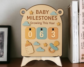 Baby Milestone Tracker Wooden Sign, Personalized Baby Milestones Board, Monthly Growth Counter, Nursery Decor, New Baby Gift