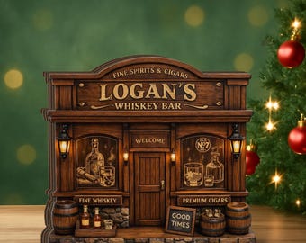 Personalized Whiskey Bar Wooden Block Miniature Custom Bar Name Rustic Man Cave Decor Gift for Dad Home Bar Shelf