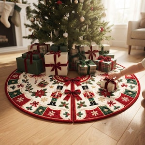 May include: A round Christmas tree skirt featuring a cream-colored center with embroidered nutcracker figures, red velvet bows, and poinsettia motifs. The border is quilted with alternating red and green panels decorated with white snowflake patterns.