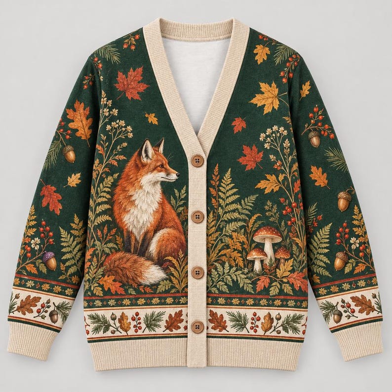 Fox Cardigan Sweater, Woodland Animal Print, Fall Foliage Clothing ...