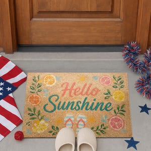 Felpudo Hello Sunshine, Felpudo de bienvenida veraniego con diseño cítrico, Felpudo de fibra de coco para porche o playa, Alfombra exterior con diseño de chanclas, Regalo de verano para el hogar