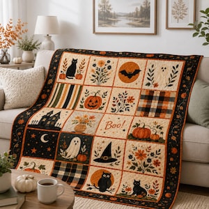 Edredón de otoño personalizado, manta de Halloween personalizada, adorable y acogedora manta decorativa de patchwork con fantasma, gato, calabaza y sombrero de bruja, REGALO 2026