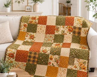 Cozy Fall Patchwork Quilt Blanket, Vintage Floral Quilted Throw, Rustic Autumn Couch Blanket, Housewarming, GIFT 2026