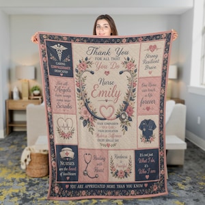 May include: A rectangular quilt featuring a floral border and various panels with medical themes. The center displays a stethoscope forming a heart shape around the text Nurse Emily. Additional text includes inspirational quotes and nursing icons.