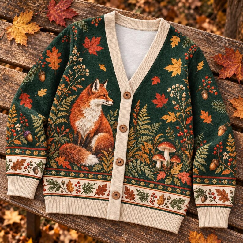Fox Cardigan Sweater, Woodland Animal Print, Fall Foliage Clothing ...