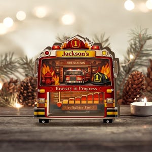 Personalized Firefighter Fund Piggy Bank, Fire Truck Savings Shadow Box, Future Firefighter Gift, Firefighter Graduation Fund Jar