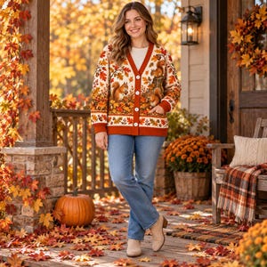 May include: A cream-coloured V-neck cardigan featuring a vibrant autumnal print of squirrels, acorns, and orange and brown maple leaves, paired with blue denim jeans and light-coloured ankle boots.