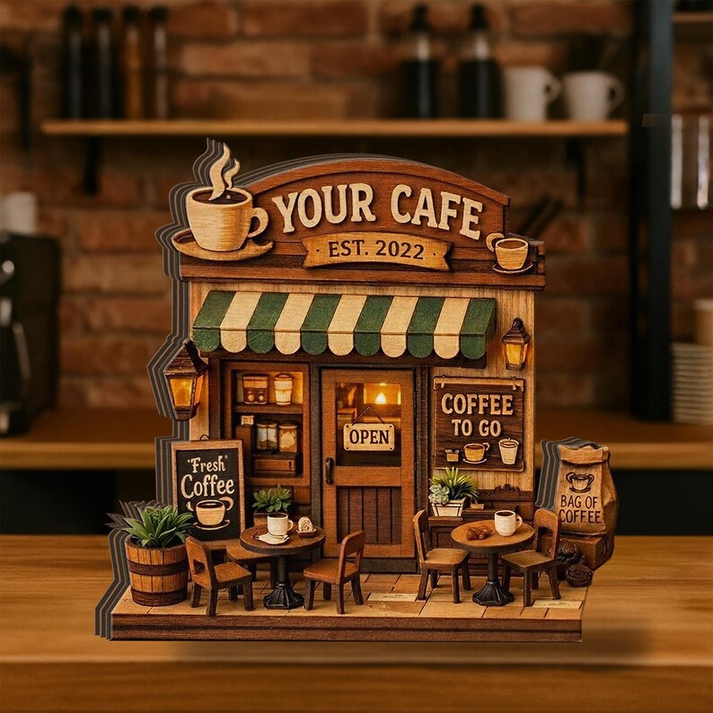 May include: A detailed wooden model of a cafe, featuring the text "YOUR CAFE EST. 2022". The miniature cafe has a green and white striped awning, a "Fresh Coffee" sign, and a "Coffee To Go" sign. Small tables and chairs are placed in front of the cafe.