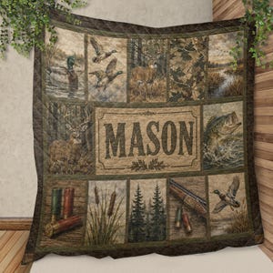 Personalisierte Jagd Patchwork Decke, Benutzerdefinierte Deer Duck Jagd Quilt, Bass Fischen Decke, Jäger Geschenk für Männer