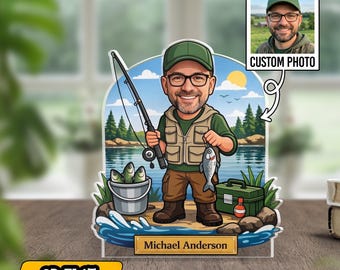 Placa acrílica personalizada para pescadores, regalo personalizado para pescadores, letrero con caricatura de pescador, recuerdo decorativo para amantes de la pesca.