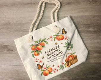 Peach Farmers Market Tote Bag, Cottagecore Orchard Canvas Tote, Summer Fruit Market Bag, Peach Picnic Gift