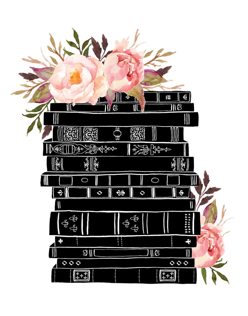 Books and Flowers Black Pink Watercolor Botanical / 14 x11 image 1