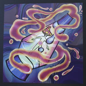 May include: An artistic illustration of a clear bottle containing a mushroom-headed figure. The bottle is surrounded by swirling, pink and yellow liquid, set against a blue and purple background. The artwork has a psychedelic theme.