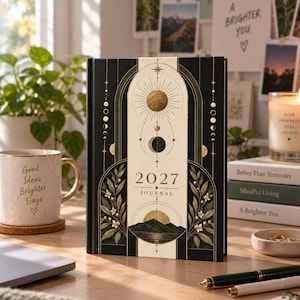 2027 Hardcover Journal, Celestial Botanical Lined Notebook, Black Gold Diary, 150 Page Writing Journal, Gift for Her