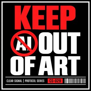 May include: A square graphic sign with a black background and white border. The text reads KEEP AI OUT OF ART in bold red and white letters. A red circle with a diagonal line crosses out the letters AI. The bottom includes text CLEAR SIGNAL | PROTOCOL SERIES CS-029 and a barcode.