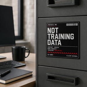 May include: A rectangular black sticker with white text reading NOT TRAINING DATA, PROTOCOL 005, and CONTENT. SPEECH. WORK PRODUCT. TRAINING PROHIBITED. The design includes a barcode, red hazard stripes, and the text CS-005 CLEAR SIGNAL at the bottom.