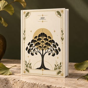 May include: A cream-colored hardcover journal with a gold and black ginkgo tree illustration on the front cover. The text 2027 JOURNAL is printed at the top center. The design features gold geometric borders, star accents, and green leaf motifs.