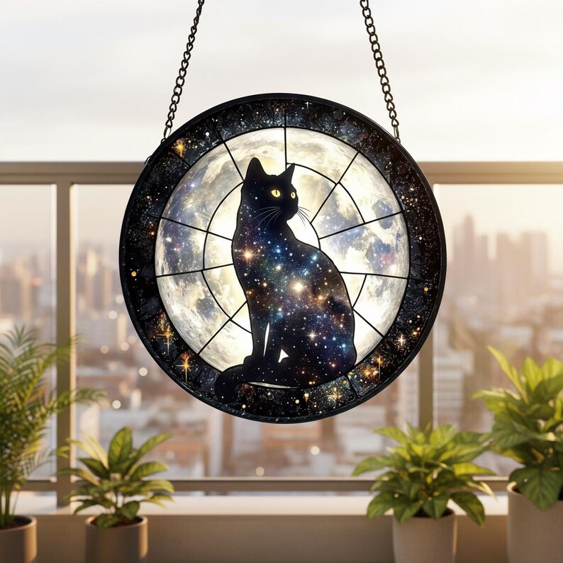 Black Cat Stained Glass Suncatcher: Moon Window Hanging - Etsy