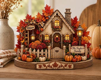 Puede incluir: Una decoración de casa en miniatura de madera con follaje otoñal, calabazas y ventanas iluminadas. Un letrero dice Welcome y otro The Taylor Family. La estructura incluye una valla de estacas, una farola y una base con tallas de hojas.