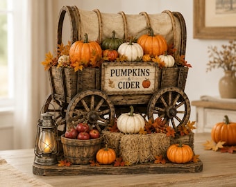 Puede incluir: Un centro de mesa decorativo de madera con forma de carreta y techo de lona, lleno de calabazas naranjas, blancas y verdes. Un letrero lateral dice PUMPKINS & CIDER. El conjunto incluye una pequeña linterna, un cubo de manzanas y balas de heno.