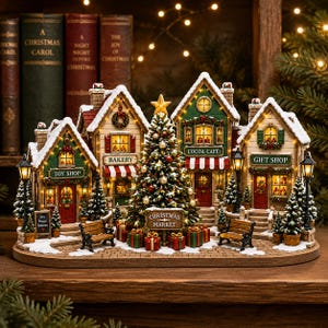 May include: A miniature Christmas village display featuring a central tree with a sign reading Christmas Market, surrounded by a toy shop, bakery, cocoa café, and gift shop. The buildings have snow-dusted roofs, lit windows, and street lamps.