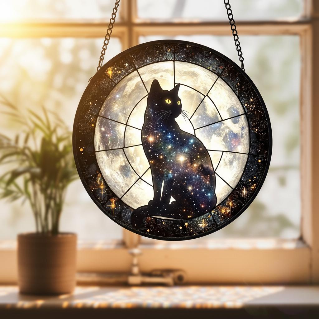 Black Cat Stained Glass Suncatcher: Moon Window Hanging - Etsy
