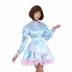 Blue Lockable Sissy Satin Lace Dress for Women Cosplay Customized
