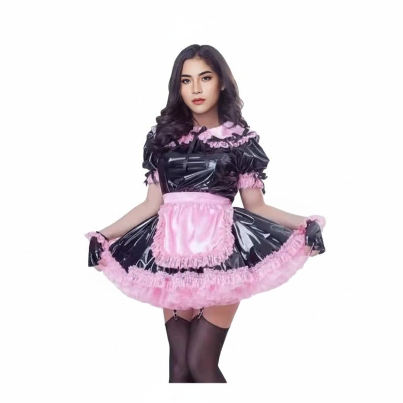 French Maid Sissy Girl Lockable Black PVC Ruffled Pink Chiffon Fluffy ...