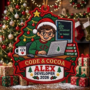 Op de afbeelding: Een decoratieve kersthanger met een geborduurde illustratie van een persoon met een bril en kerstmuts die op een laptop typt. Het ontwerp bevat een computermonitor met code, een mok, gestapelde boeken en de tekst: CODE & COCOA ALEX DEVELOPER 2026.