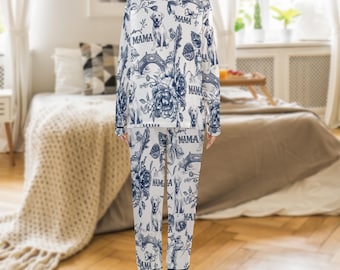 Personalized Mama Satin Pajama Set Dog Floral Print Custom Name Sleepwear Women Pajamas Gift for Mom Cozy Lounge Set Cute Outfit