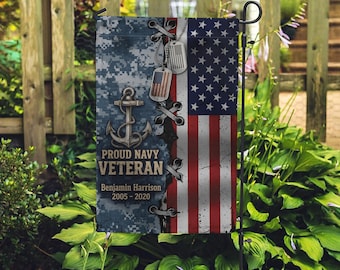 Bandera personalizada para jardín en memoria de un veterano de la Marina, bandera militar con nombre personalizado, decoración patriótica para el jardín, regalo de homenaje a la bandera de EE. UU., decoración para veteranos