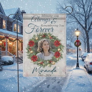 メモリアルガーデンフラッグ、パーソナライズされた「永遠にあなたを思い出す」フラッグ、カスタム写真の愛する人の喪失フラッグ、お悔やみギフトの装飾