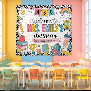 Pancarta de bienvenida personalizada para el aula de profesores, tapiz con nombre personalizado, fondo para la vuelta al cole, decoración para el aula de la Sra. Emily, póster de primaria
