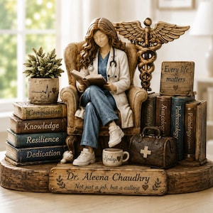 May include: A figurine of a medical professional in a white coat and blue scrubs sitting in a chair reading a book. The base features the text Dr. Aleena Chaudhry, Not just a job, but a calling. Books are labelled Compassion, Knowledge, Resilience, Dedication, Anatomy, and Pathology. A medical bag, a caduceus symbol, and a mug labelled Healing are included.