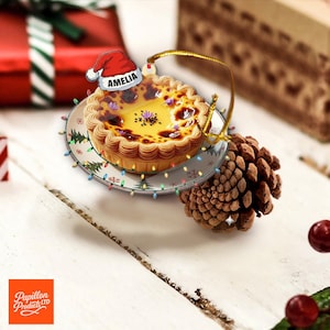 Personalized Portuguese Egg Tart Ornament – Christmas Food Acrylic Ornament with Santa Hat – Custom Name Bakery Gift for Food Lovers