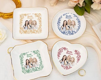Plato de joyería personalizado para mejores amigas, plato de anillo con foto personalizado, bandeja de baratijas para mejores amigas, regalo de amistad para ella