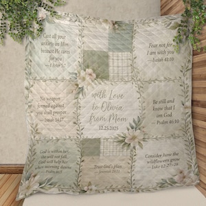 Edredón personalizado, manta cristiana personalizada, regalo con versículo bíblico, patchwork floral, manta de fe, regalo religioso con nombre personalizado
